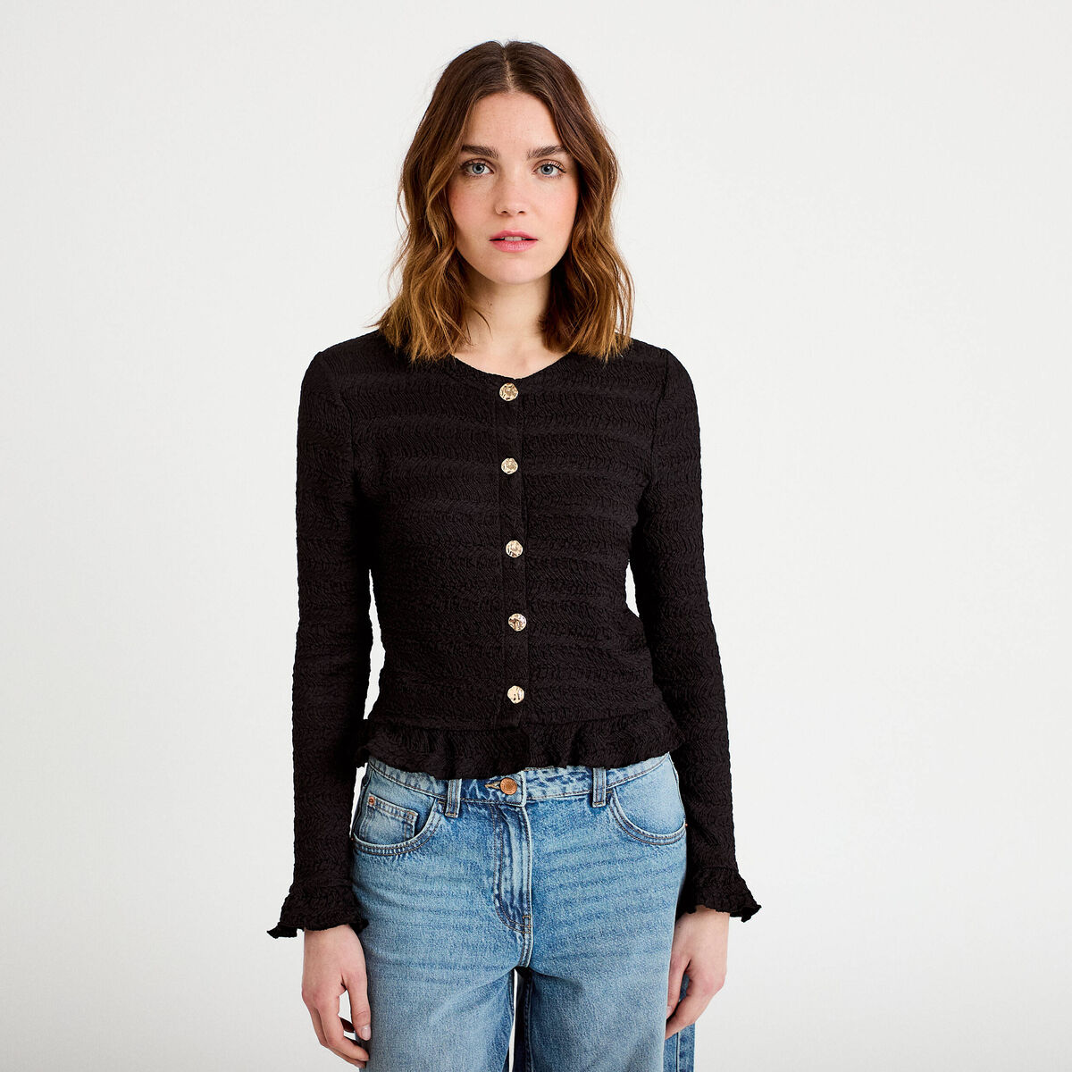 Gilet col rond manches longues noir femme