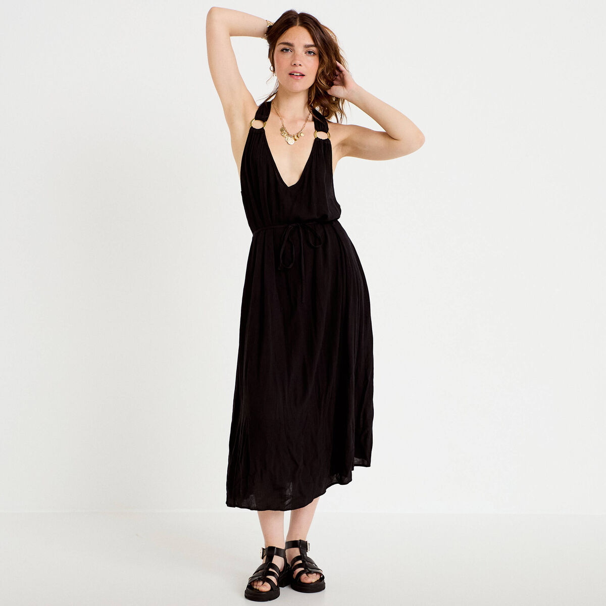 Robe longue droite fines bretelles col v noir femme