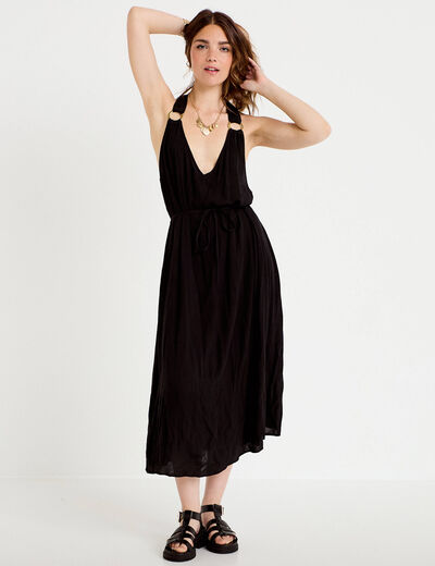 Robe longue droite fines bretelles col v noir femme