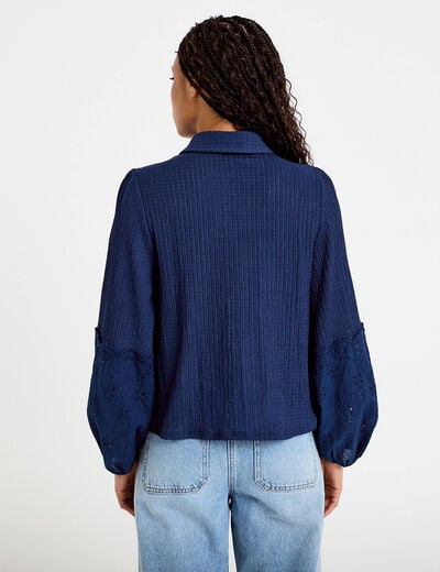 Blouse manches longues broderie bleu fonc&eacute; femme