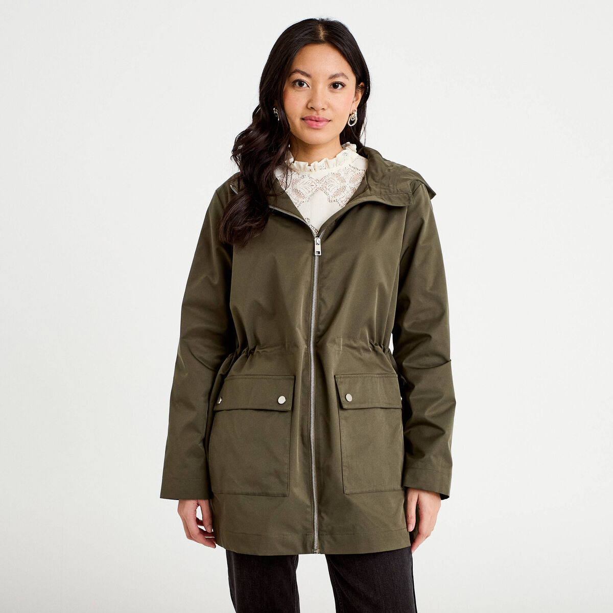 Parka &agrave; capuche taille ajustable vert kaki femme