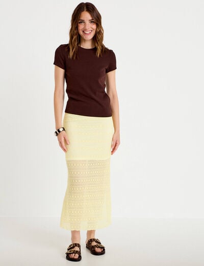 T-shirt c&ocirc;tel&eacute; ajust&eacute; manches courtes marron fonc&eacute; femme