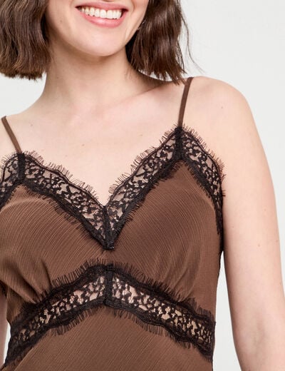 Robe longue ajust&eacute;e dentelle marron fonc&eacute; femme