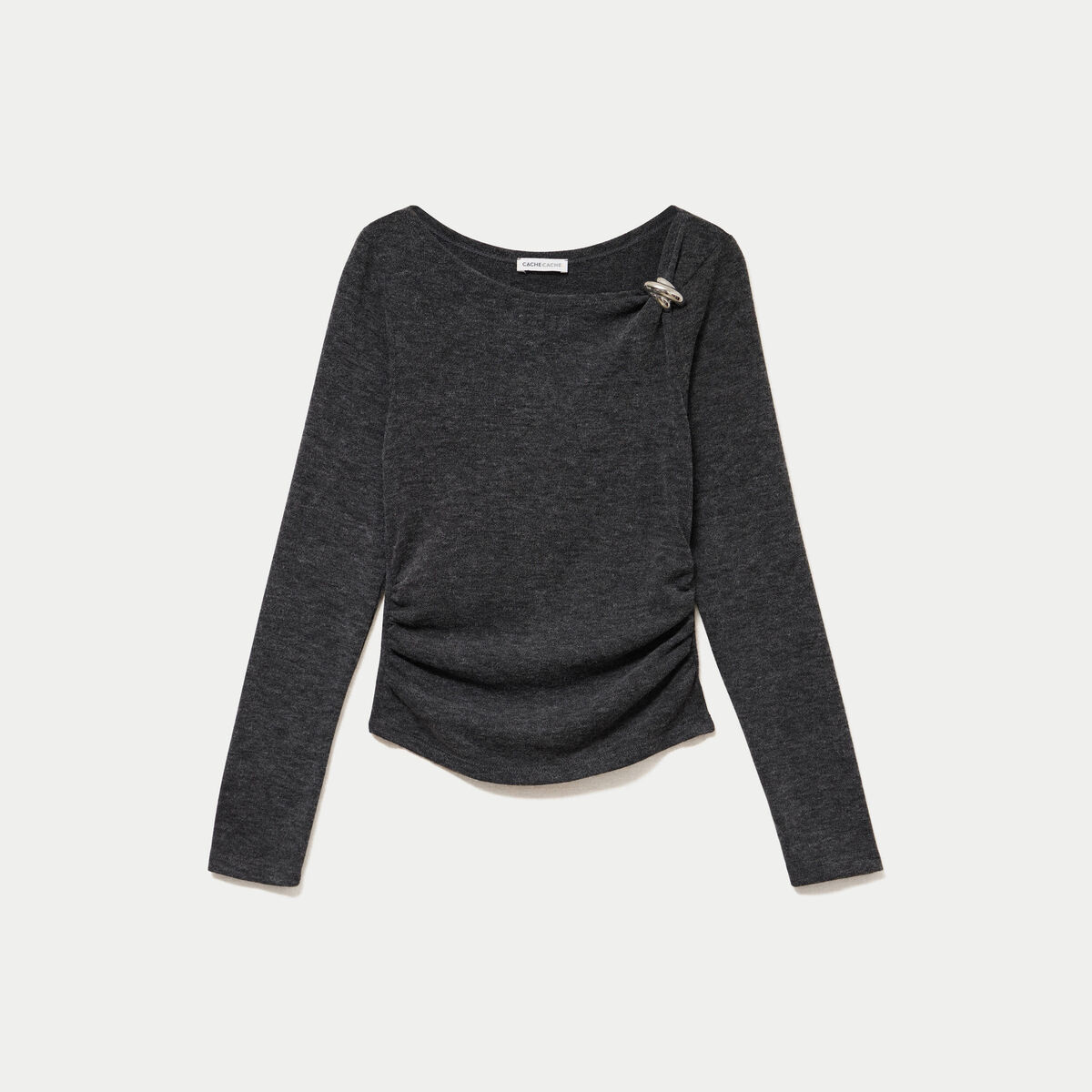 Top cintr&eacute; col bateau manches longues gris fonc&eacute; femme