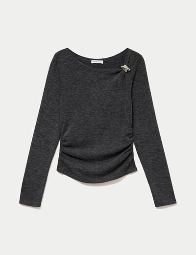 Top cintr&eacute; col bateau manches longues gris fonc&eacute; femme
