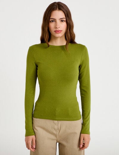 T-shirt cintr&eacute; col rond manches longues vert fonc&eacute; femme