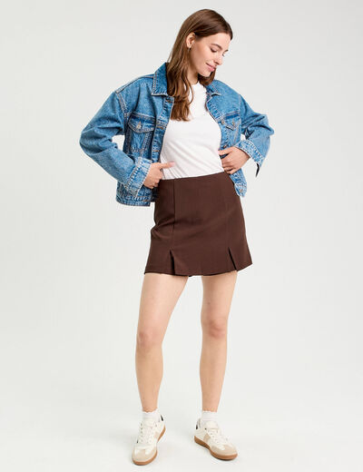 Jupe-short droite fentes marron fonc&eacute; femme