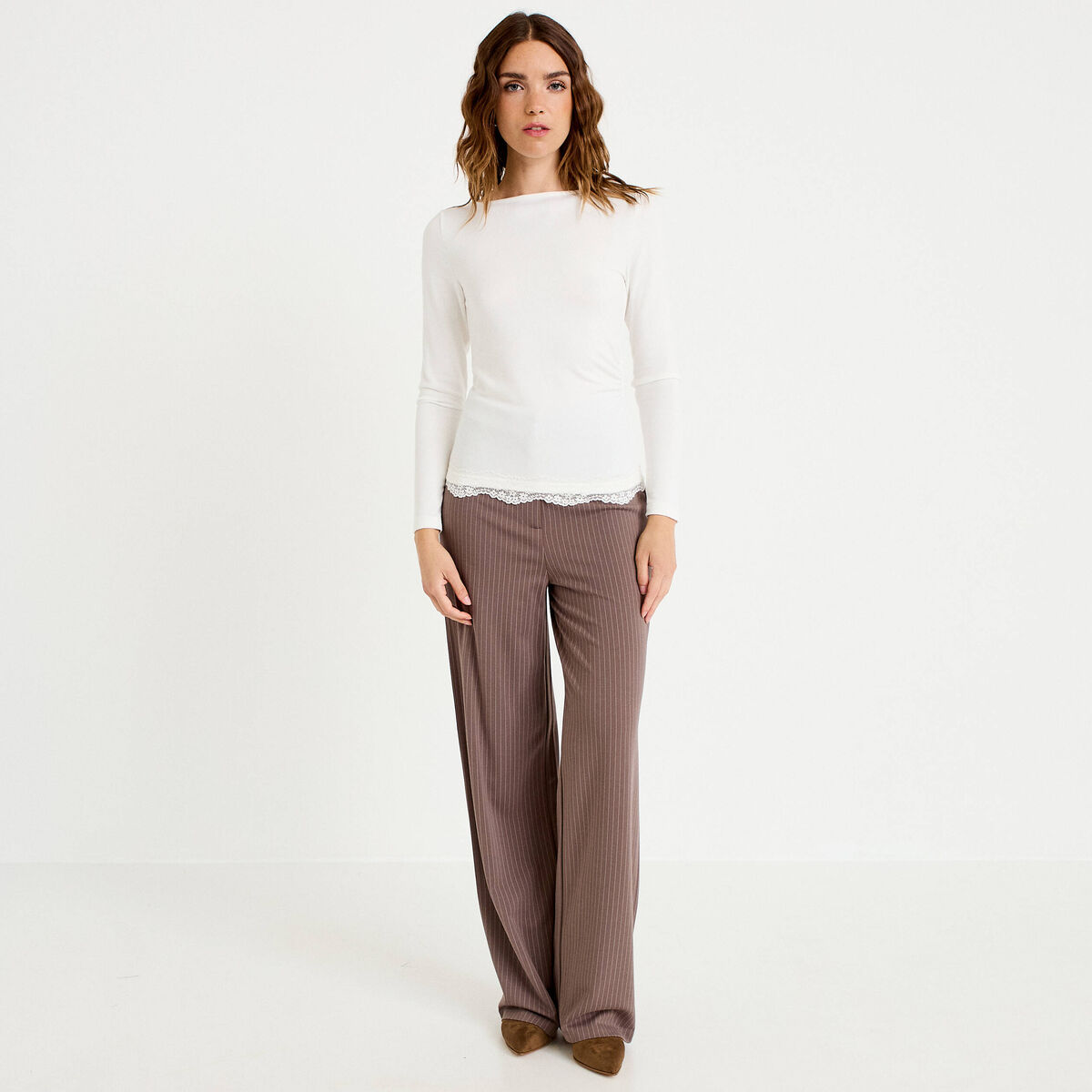 Pantalon large taille haute taupe femme