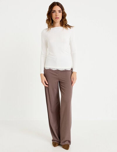 Pantalon large taille haute taupe femme