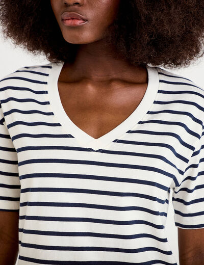 T-shirt col v manches courtes bleu fonc&eacute; femme