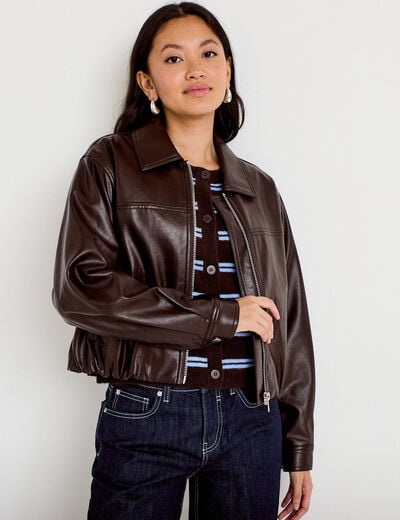 Veste effet boule manches longues marron fonc&eacute; femme