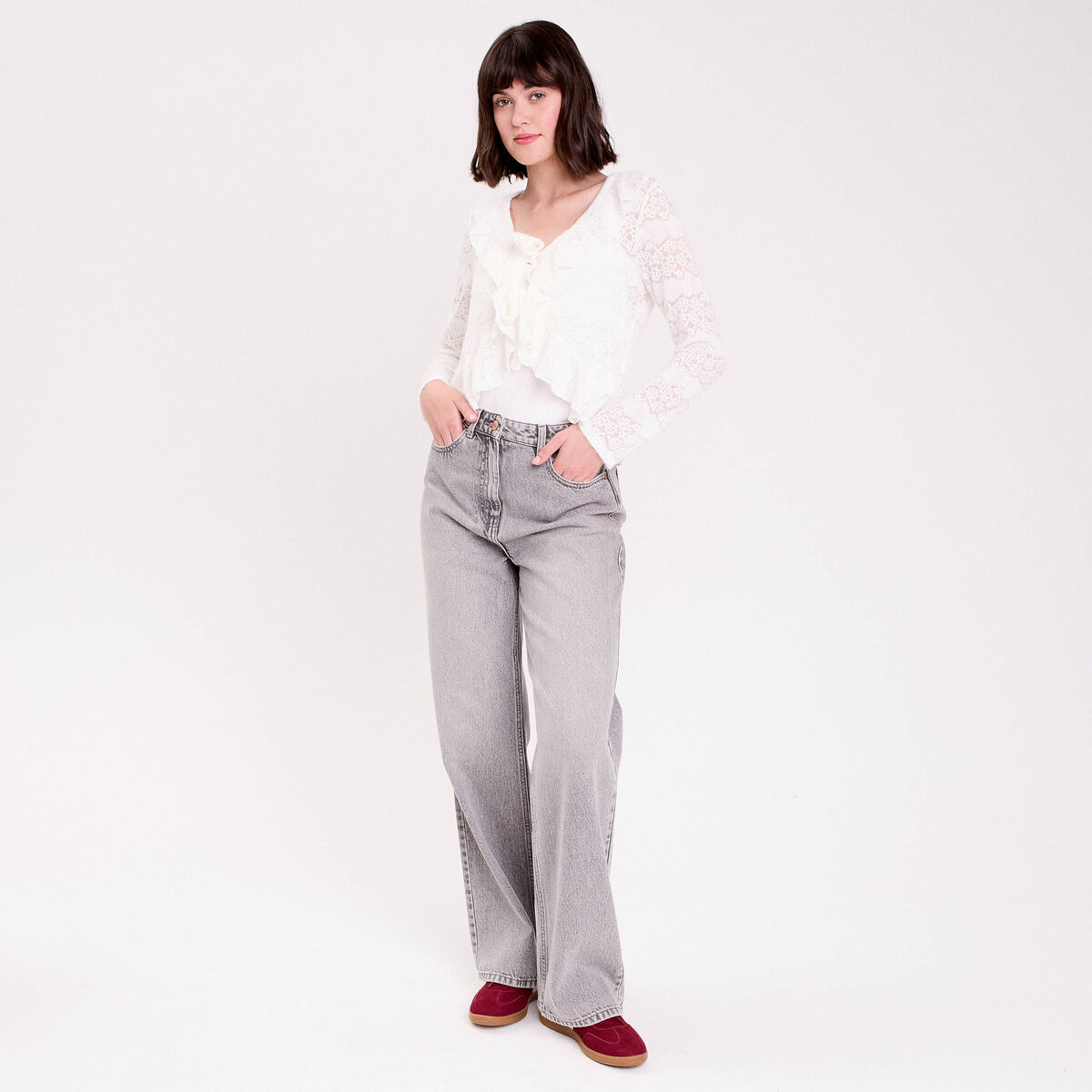 Gilet cintr&eacute; ajour&eacute; manches longues ecru femme