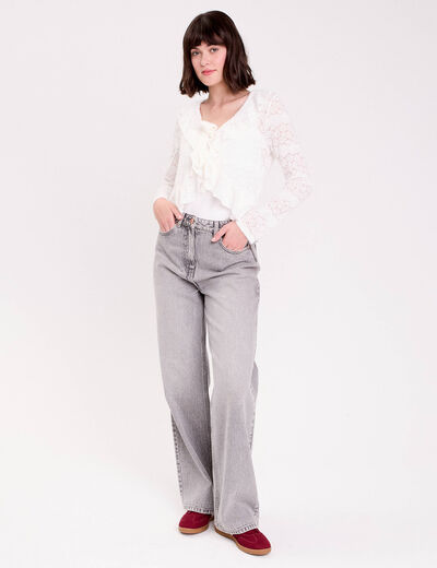 Gilet cintr&eacute; ajour&eacute; manches longues ecru femme