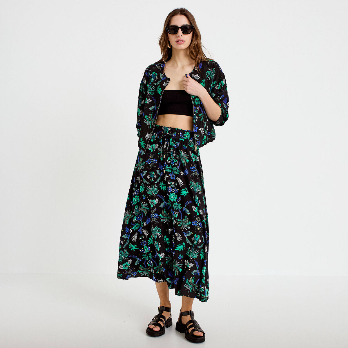 Jupe longue &eacute;vas&eacute;e taille haute noir femme