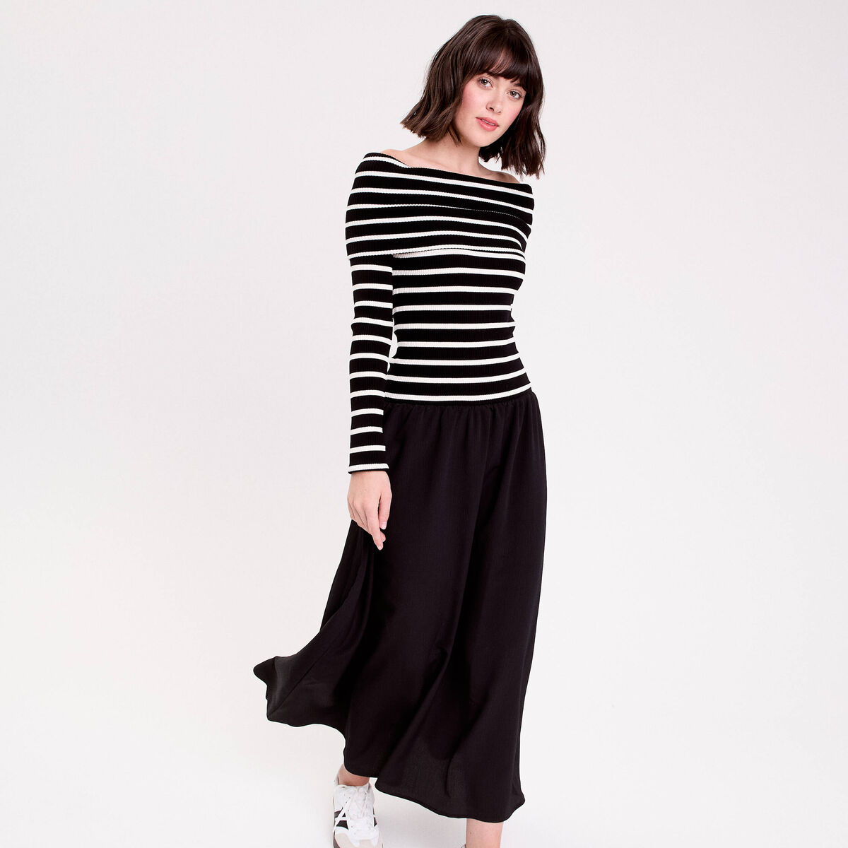 Robe longue effet 2-en-1 col bardot blanc femme
