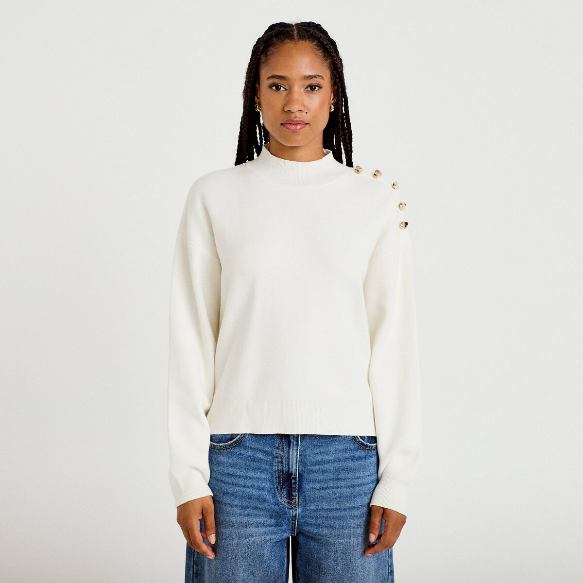 Pull col montant manches longues ecru femme