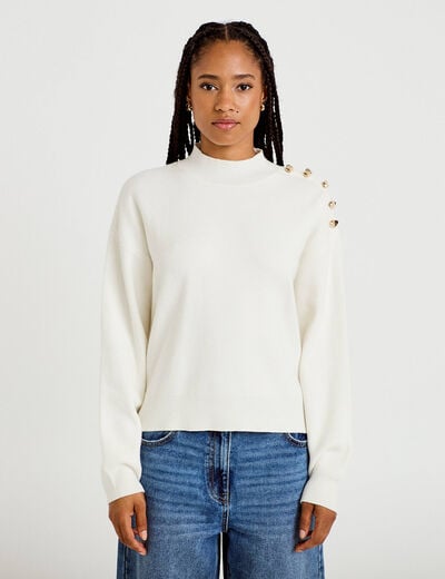 Pull col montant manches longues ecru femme