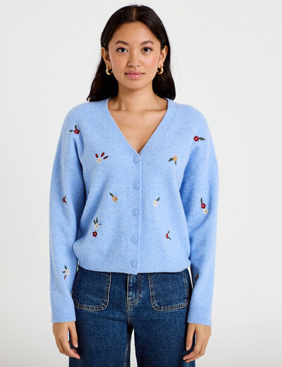 Gilet manches longues fleurs brod&eacute;es bleu ciel femme