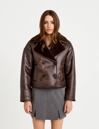 Caban cropped droit col tailleur marron fonc&eacute; femme
