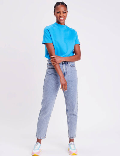 Jeans mom taille haute denim bleach femme