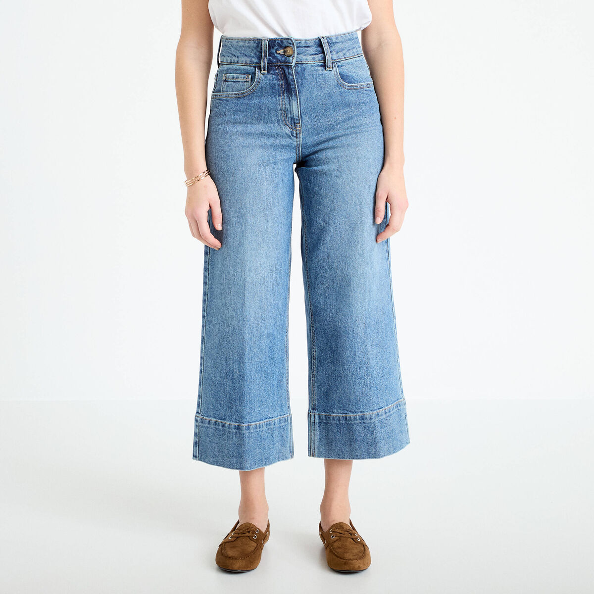 Jean wide leg cropped taille haute denim stone femme