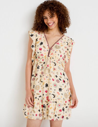 Robe courte &eacute;vas&eacute;e col v manches courtes blanc femme