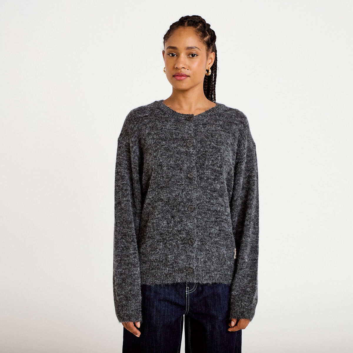 Gilet ample manches longues gris fonc&eacute; femme