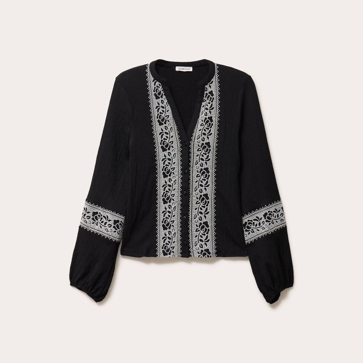 Blouse brod&eacute;e col tunisien noir femme