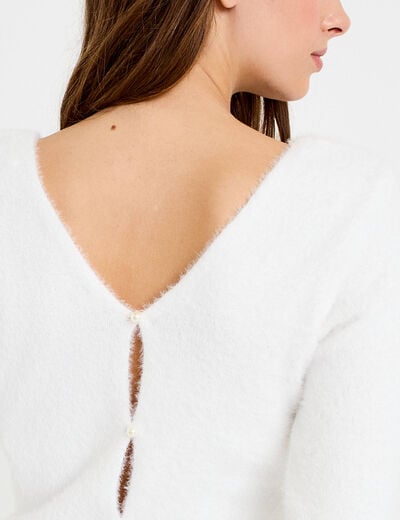 Pull col v manches longues ecru femme