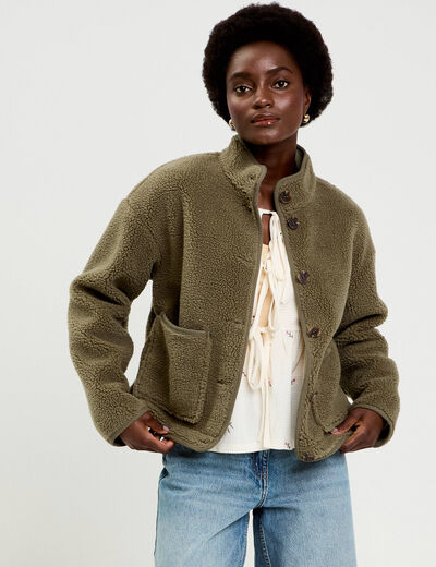 Veste droite courte effet polaire vert kaki femme