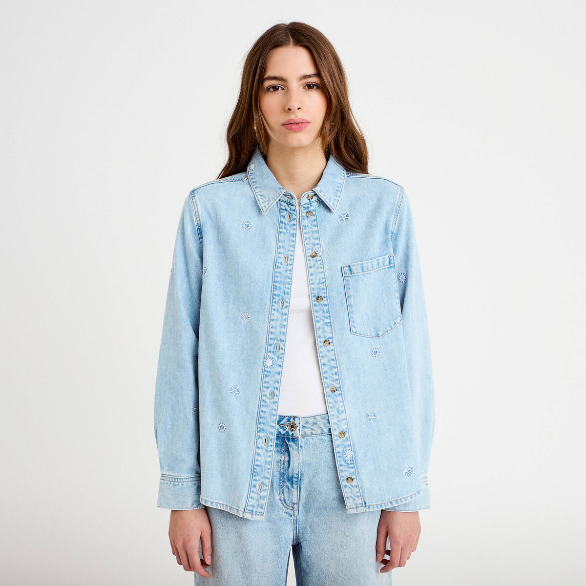 Chemise droite courte manches longues bleu femme