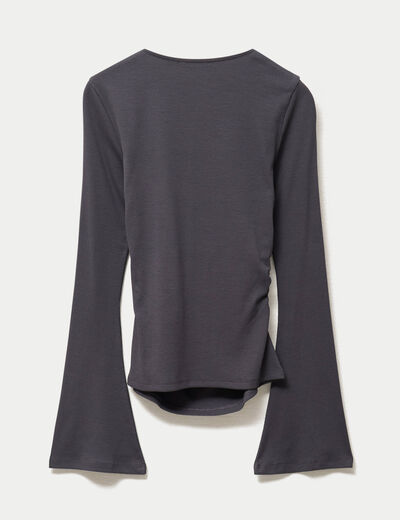 T-shirt ajust&eacute; col rond manches longues gris fonc&eacute; femme