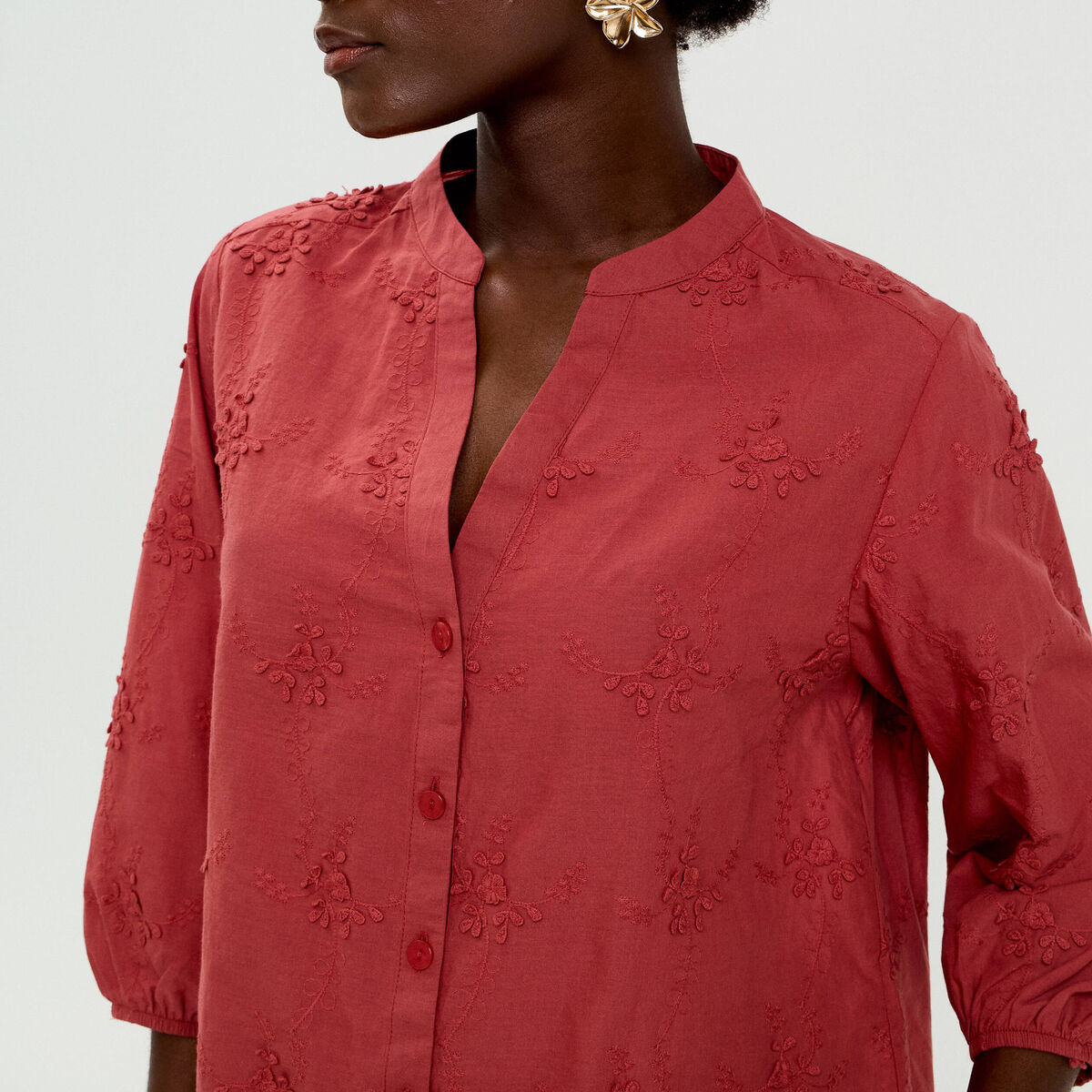 Blouse brod&eacute;e col mao manches 3/4 vieux rose femme