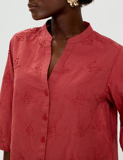 Blouse brod&eacute;e col mao manches 3/4 vieux rose femme