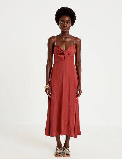 Robe longue &eacute;vas&eacute;e col v satin&eacute;e vieux rose femme