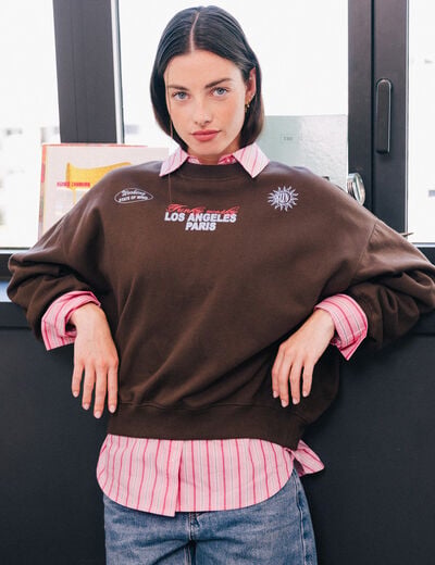 Sweat col rond manches longues marron fonc&eacute; femme