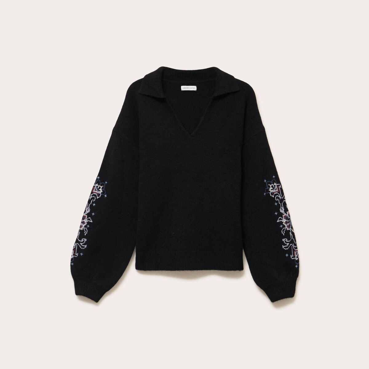 Pull brod&eacute; manches longues noir femme