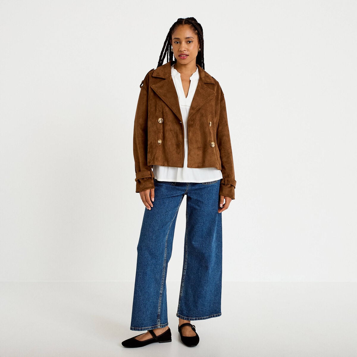 Trench droit manches longues aspect daim marron femme