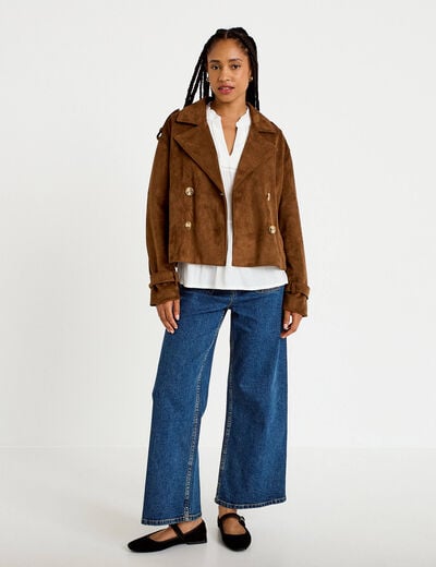 Trench droit manches longues aspect daim marron femme