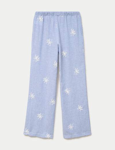 Pantalon large taille haute &agrave; relief blanc femme