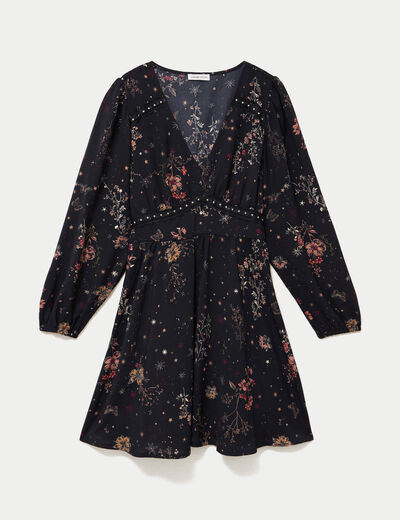 Robe courte &eacute;vas&eacute;e col v manches longues noir femme