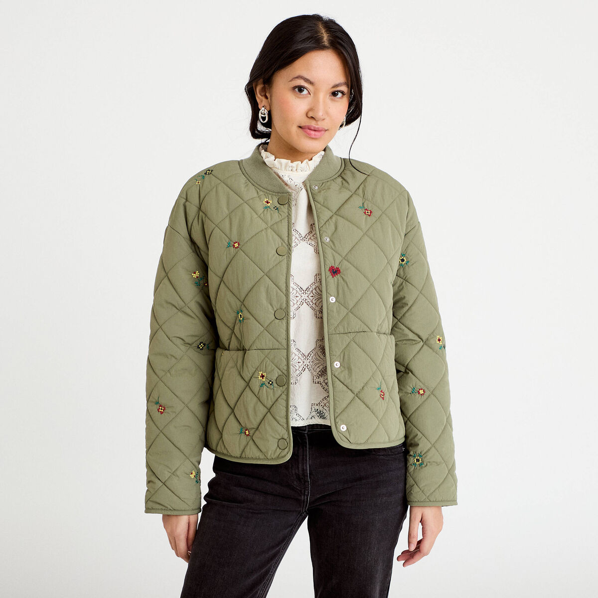Veste matelass&eacute;e brod&eacute;e vert kaki femme