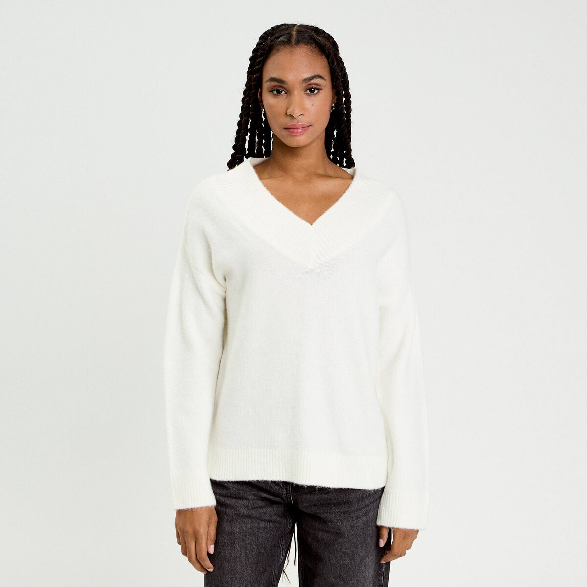 Pull oversize col v manches longues ecru femme