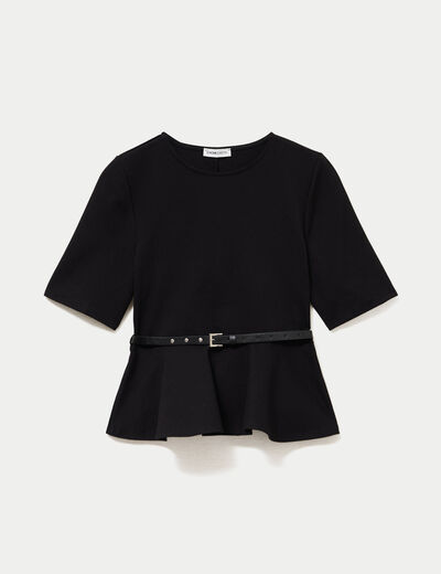 Top p&eacute;plum ceintur&eacute; manches courtes noir femme