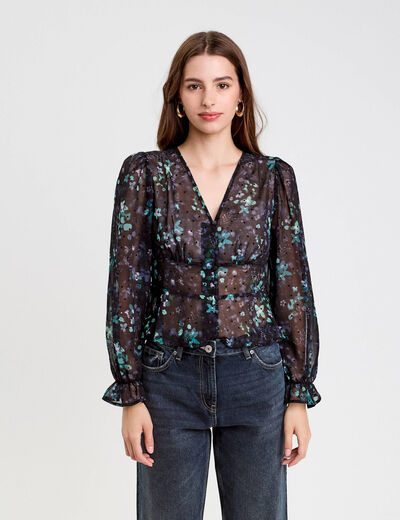 Blouse cintr&eacute;e courte en voile col V noir femme