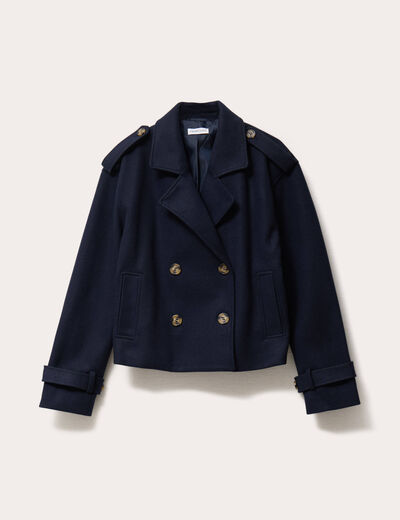 Trench droit court col tailleur bleu marine femme