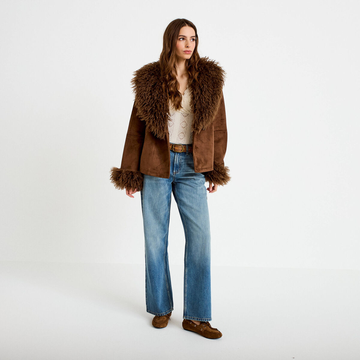 Manteau droit manches longues marron femme