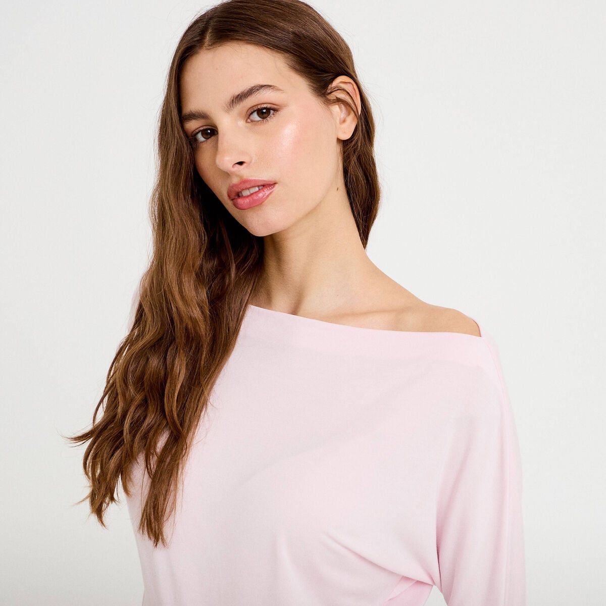 T-shirt col bateau manches longues rose clair femme