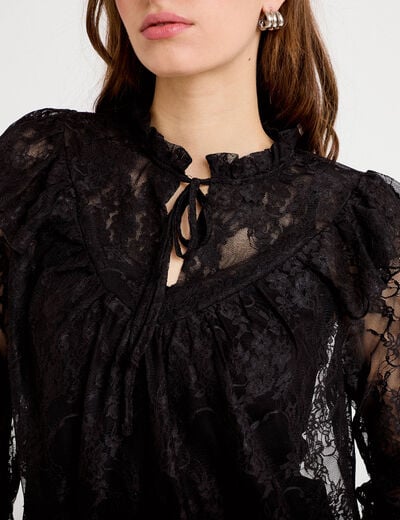 Blouse col rond manches longues dentelle noir femme