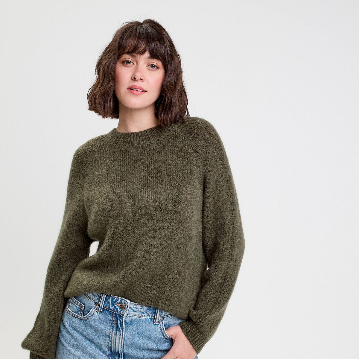 Pull manches longues vert kaki femme